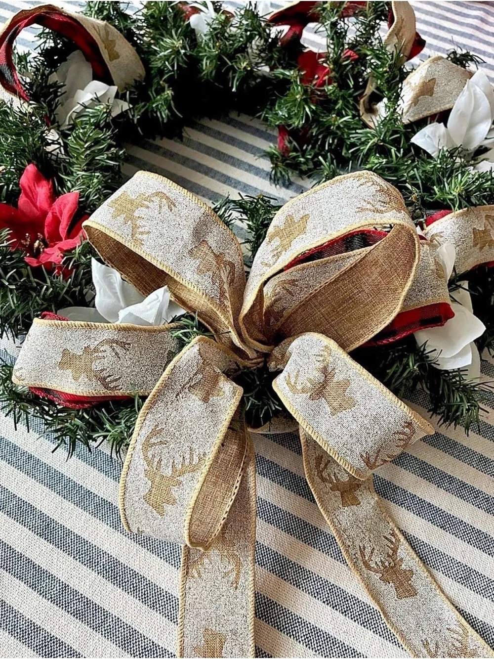 Ashland Green Holiday Wreath with Gold Ribbon and Red & White Accents